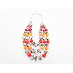 Vintage Three Strand Silver, Deep Red and Butterscotch Beaded Necklace